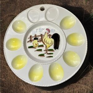 Vintage Deviled Egg Plate Rooster & Hen Farm House Cottage Grandma Hand Painted